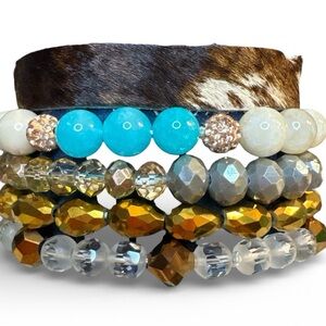 Leather Hair on Hide and Multicolor Glass Beaded Bracelet Set of 5